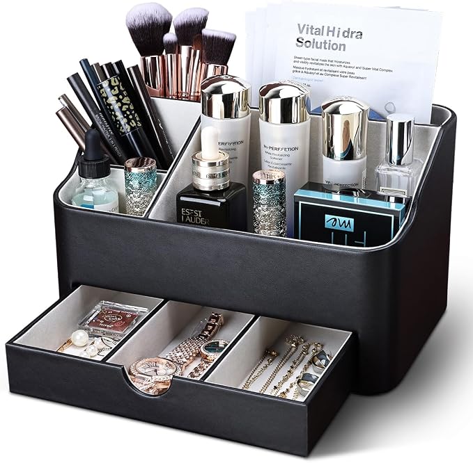 KINGFOM Leather Makeup Organizer with Drawer, Cosmetic Storage for Dresser Countertop and Bathroom Vanity, Beauty Holder for Lipstick Brush Skincare, Mother’s Day Gift for Mom(Black) by KingfomLeatherHomeOfficeDecor