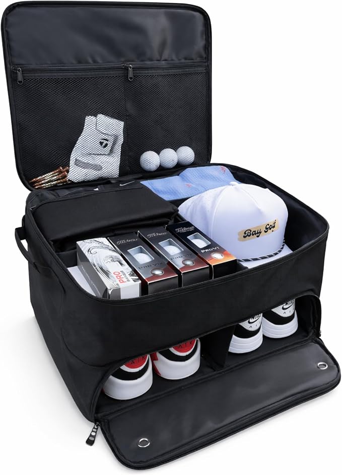 Bay Golf BG1 Golf Trunk Organizer – Water-Resistant 2-Level Golf Gear Storage for Car or SUV, Fits 2 Pairs of Shoes, Ventilated Compartments, Durable Design by Unknown