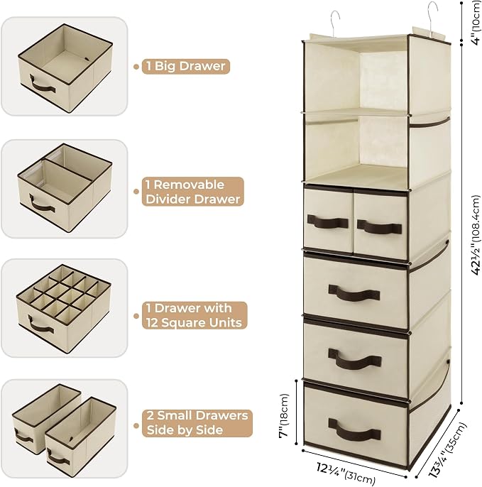 GRANNY SAYS Hanging Closet Organizers and Storage 6 Shelves, Closet Hanging Organizer with 5 Drawers, 6 Side Pockets Hanging Storage Organizer, Portable Clothes Organizer for Closet, Beige - Image 3