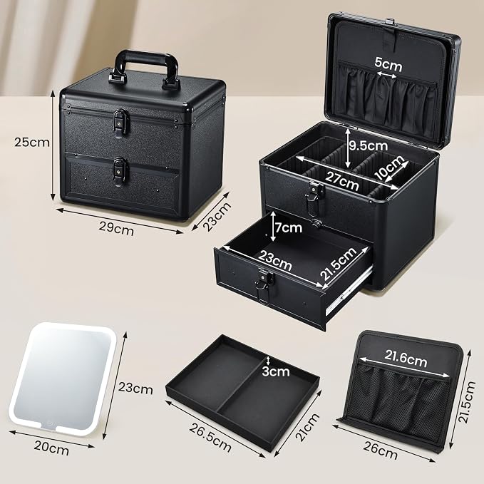 Faquenc Makeup Case with Drawer, Detachable Lighted LED Mirror, Makeup Organizer Box Travel Make up Vanity Case Portable Cosmetic Train Case for MUA Lockable Makeup Suitcase with Adjustable Dividers - Image 7