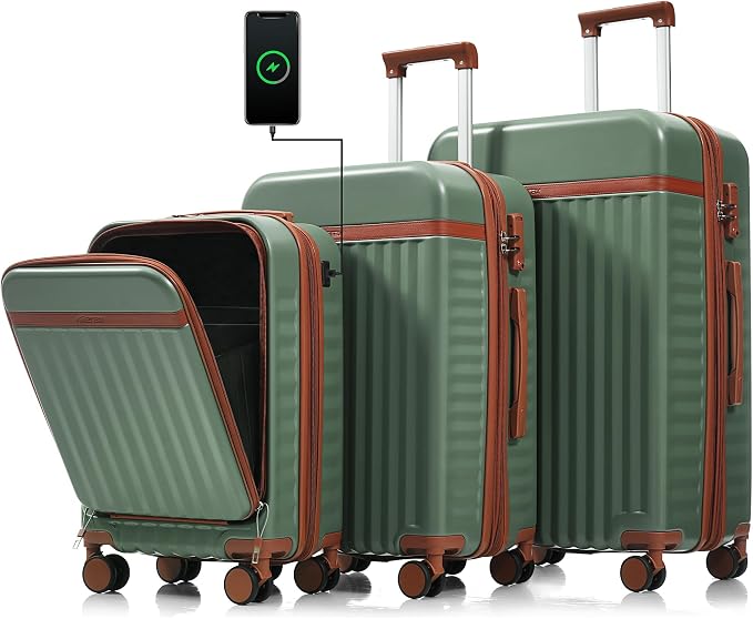 Hardshell Luggage, Lightweight Suitcase with Spinner Wheels, GREEN+USB by Merax