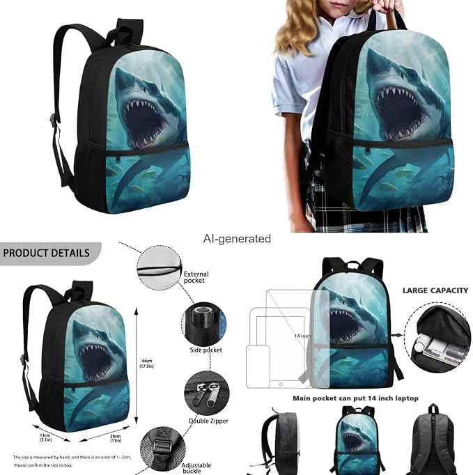 Shark Backpack for Boys Kids Backpack with Lunch Box Water Bottle Carrier with Strap and Soft Pencil Case 4PCS Set Bookbag with Front Pocket for School Teens 17 inch Large Capacity School Bag - Image 3