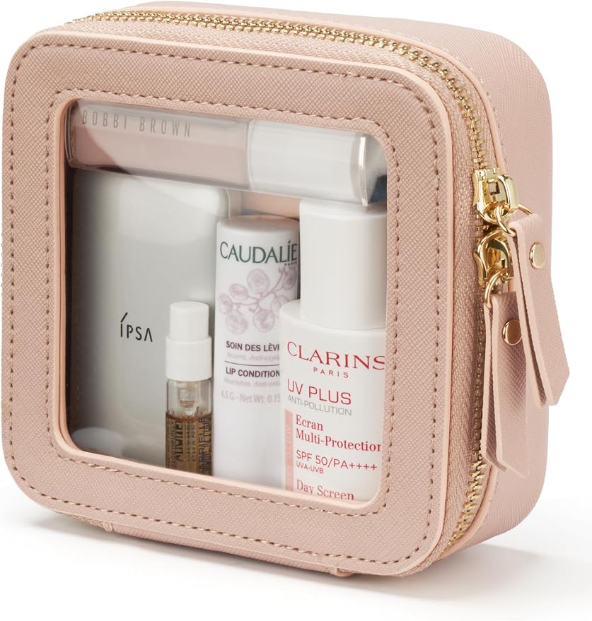Small Makeup Bag for Purse Mini Cosmetic Bag Clear Pink Square Pouch for School Cute Leather Make Up Case Travel Organizer for Backpack Tiny Toiletry Bag with Zipper for Car Essentials Women Girls by POPVIBE