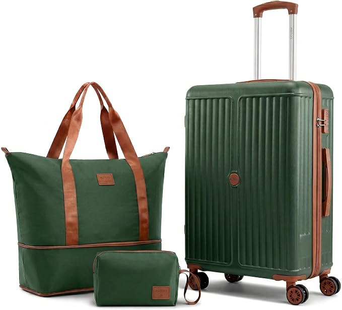 Hoteel Luggage Sets 3 Piece ABS+PC Hardside, 4-Year Warranty, Luggage Set with Spinner Wheels, TSA Lock, Lightweight Carry on Luggage, 20" Suitcase with Duffel & Organizer, Dark Green by HOTEEL