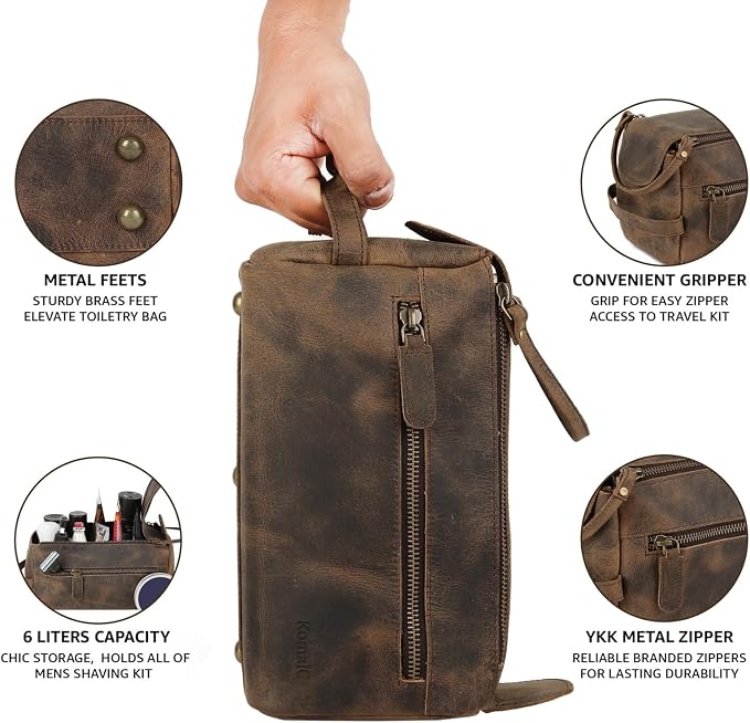 KomalC Premium Buffalo Leather Toiletry Bag for Men & Women With Water resistant Lining, Grooming Travel Pouch, Unisex Wash Bag for Toiletries, Gifts for Men and Women - Image 8