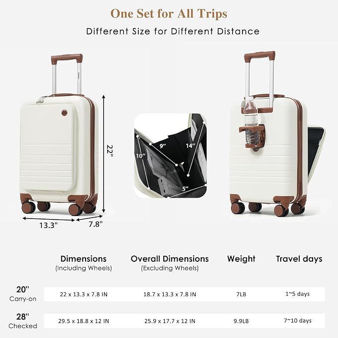 4-Piece Luggage Set, Suitcase with TSA Lock Travel Duffel Bag Wet-Dry Toiletry Bag, Ivory Front-Opening - Image 6