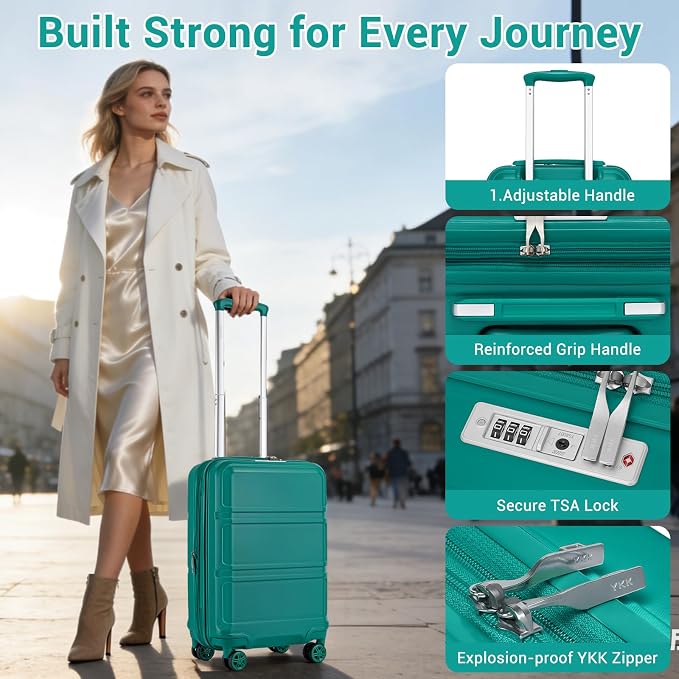 Kono Carry On Luggage Set Airline Approved with Spinner Wheels | Lightweight PC+ABS Carry On Suitcase with TSA Lock Durable Luggage Hardside Turquoise - Image 7