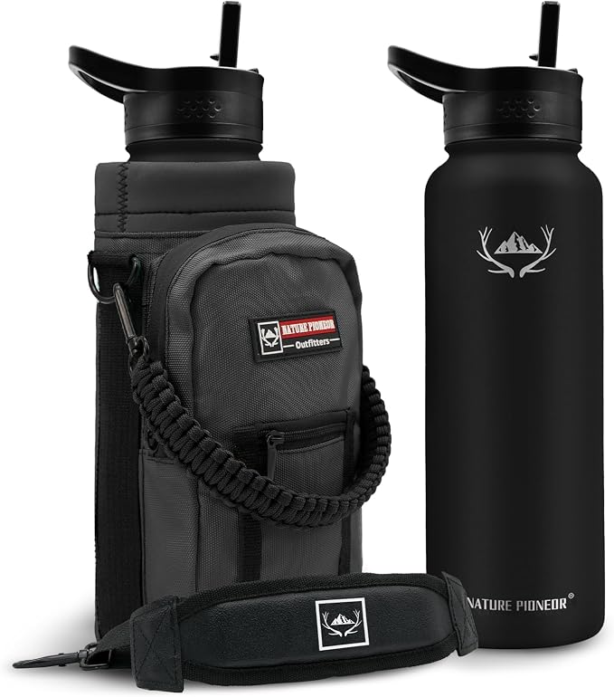 NATURE PIONEOR 40 oz Insulated Water Bottle with Carrier Bag & 3 Lids | 18/8 Food-grade Stainless Steel, Double Vacuum Insulation, 3 Leak-proof Lids, Strap, Camping, Hiking, Gym, Work by NATUREPIONEOR