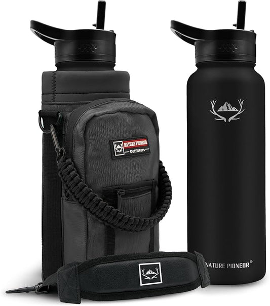 NATURE PIONEOR 40 oz Insulated Water Bottle with Carrier Bag & 3 Lids | 18/8 Food-grade Stainless Steel, Double Vacuum Insulation, 3 Leak-proof Lids, Strap, Camping, Hiking, Gym, Work by NATUREPIONEOR