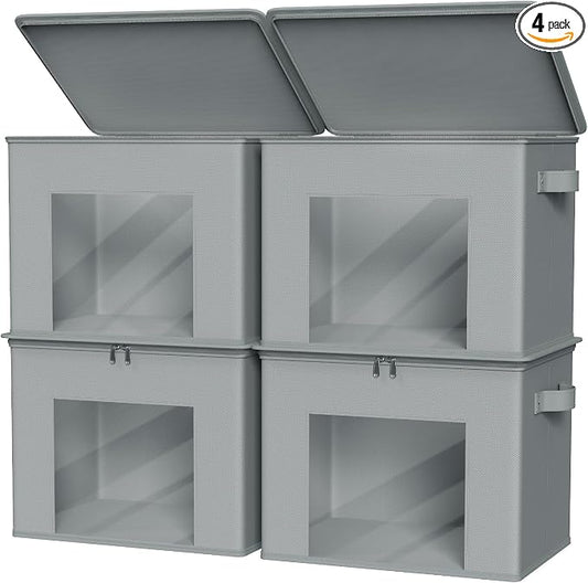 Zilink Fabric Storage Bins with Lid 4-Pack Stackable Closet Storage Bins Sweater Organizer with Zipper & Clear Window Closet Organizers and Storage Box for Home, Bedroom (Light Grey,17" x 12" x 12") by Zilink