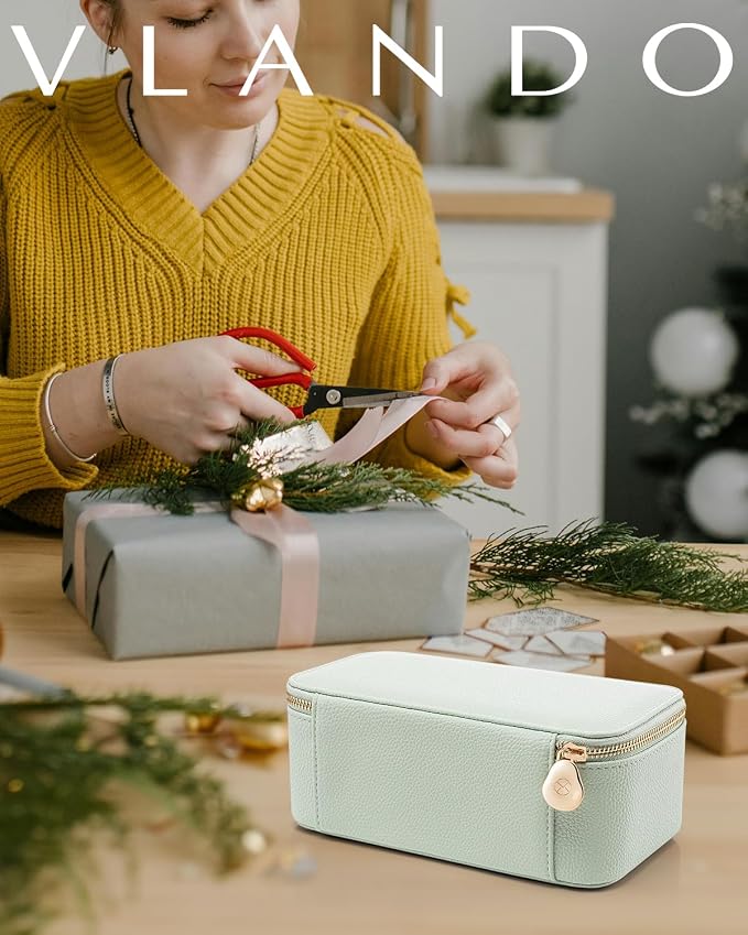 VLANDO Jewelry Organizer with 12 Velvet Jewelry Bags Travel Jewelry Case for Girls Premium Petal Hardware Jewelry Box Necklace Rings Earrings Bags Birthday Holidays Gifts for Self-Mint Green - Image 7