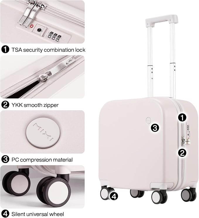 mixi Carry on Luggage, Suitcase with Spinner Wheels 16in Luggage Hardshell Lightweight Rolling Suitcases PC with Cover & TSA Lock, Off White（Slight Pink） - Image 4