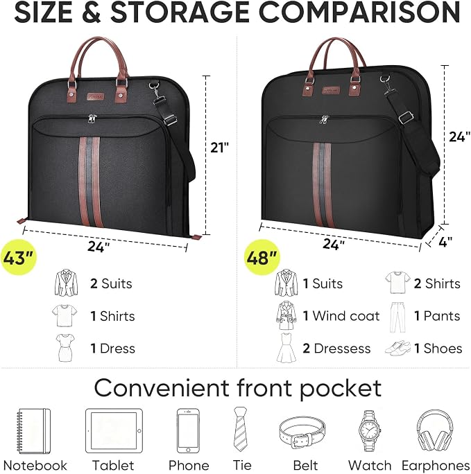 BALEINE Travel Garment Bag, Travel Suit Bag for Men, Water Resistant Carry on Garment Bag for Hanging Clothes, Garment Duffel Bag for Travel Business (Black, 48") - Image 4