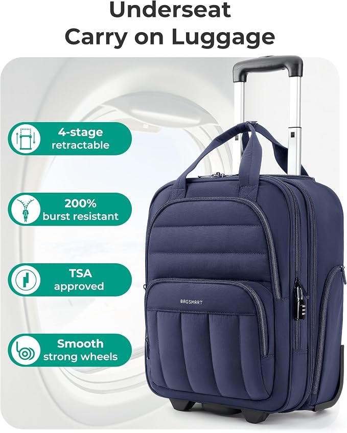 BAGSMART Small Underseat Carry on Luggage with Wheels, 16 inch Small Under Seat Luggage, Lightweight Travel Suitcase for Women, Navy Blue - Image 3