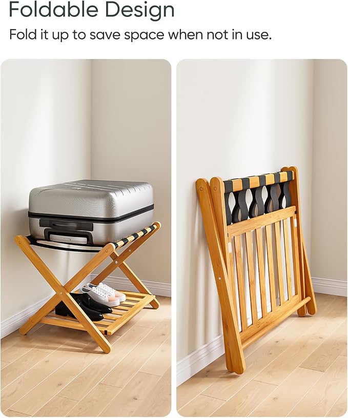 Smart FENDEE Pack of 2 Fully Assembled Bamboo Luggage Racks with Shoe Shelf, 5 Heavy-Duty Straps Folding Suitcase Stand, Luggage Holders for Guest Room Must Haves, Ideal for Bedroom, Hotel, Honey Oak - Image 5