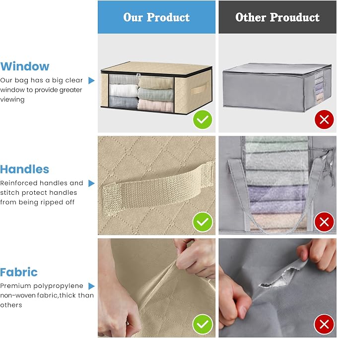 HomeHacks Storage 10-Pack Clothes Organizer Storage Bags Foldable Storage Box with Large Clear Window Sturdy Handles for Closet, Dorm, Pillows, Bedding, Clothes, Blankets, 35L, Beige - Image 5