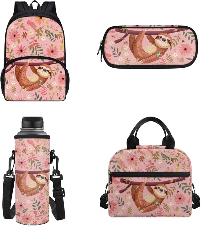 4 Pcs Sloth Schoolbag Set Cute Sloth Backpack School Bag Set with Large Pencil Holder Pouch Crossbody Water Bottle Holder Bag Insulated Lunch Box Student Girls Back to School Gift by FUIBENG