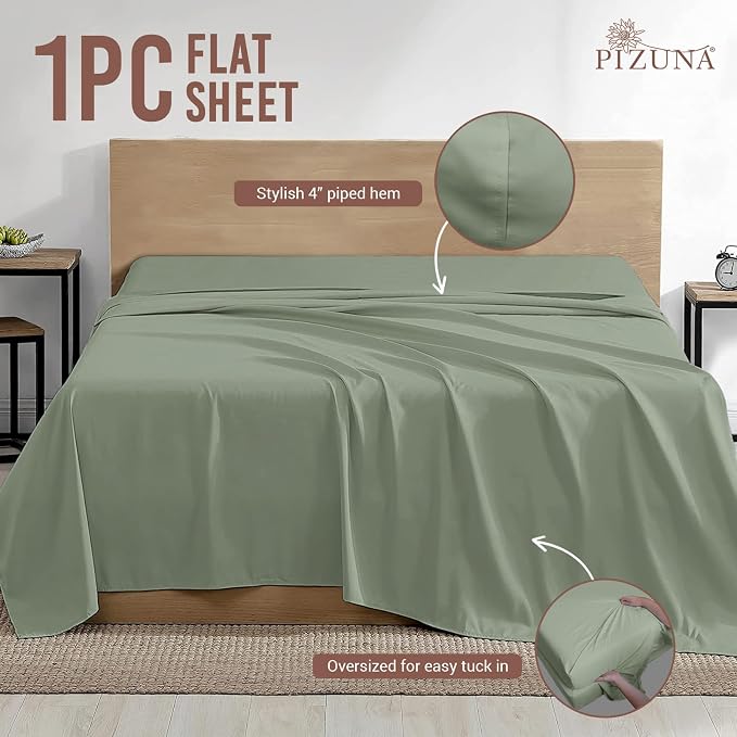 Pizuna Pure 100% Cotton Flat Sheets Only Twin XL Sea Foam (1 PC), Luxurious 400 Thread Count Long Staple Cotton Sateen with 4inch Hem (Combed Twin XL Flat Sheet Only Cotton) - Image 3