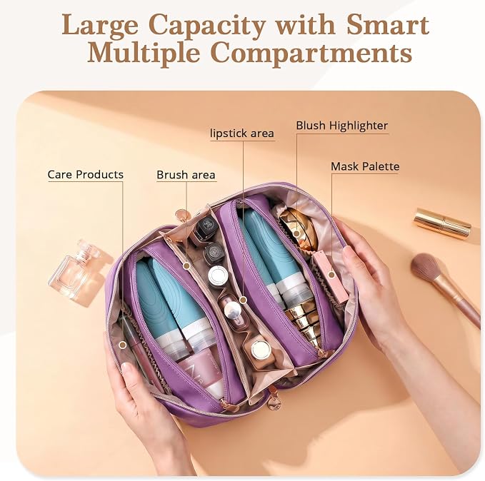 Travel Makeup Bag for Women: 3-in-1 Large Capacity Cosmetics Organizer with 2 Detachable Pouch - Vegan Leather Flat Open Toiletry Bag - Travel Essentials for Full-Sized Bottles(01-Purple) - Image 3