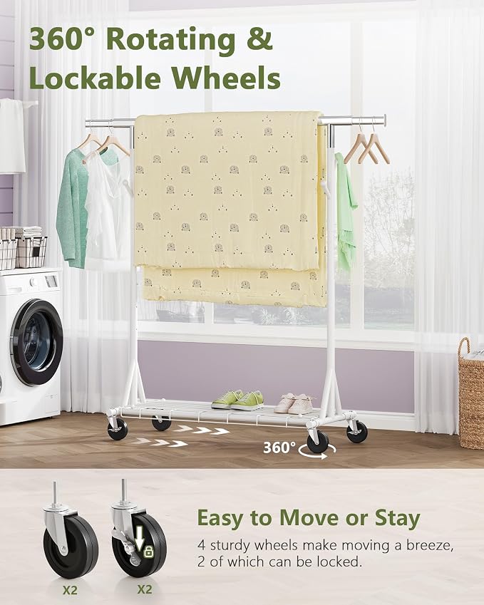 Hoctieon 1-Minute Assembly Clothes Rack, 480 lbs Heavy Duty Rolling Clothing Racks with Wheels, Foldable Garment Rack, Extendable Hanging Bar, Adjustable Metal Pole with Hooks, White - Image 3