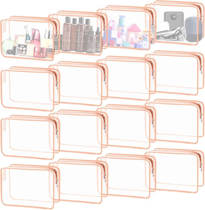 16 Pieces Clear Cosmetic Bags, Large Transparent Makeup Bags, TSA Approved Toiletry Bag for Travel, PVC Waterproof Clear Pouch with Zipper Make Up Bag for Women and Men Traveling (Rose Pink-L)