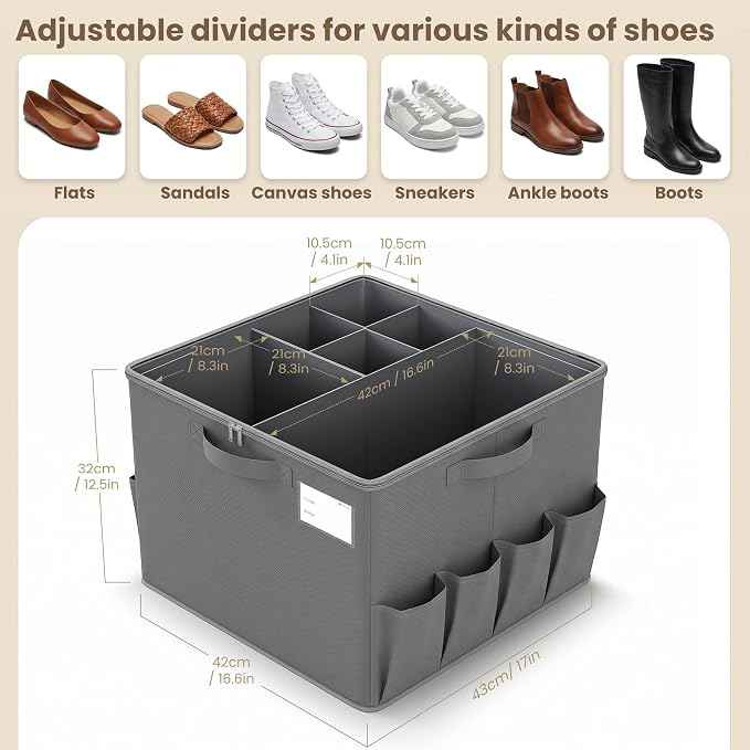 Varhomax Foldable Shoe Organizer Box, Fabric Storage Bin with Clear Cover & Adjustable Dividers, Holds up 16-32 Pairs of Sneakers & Sandals for Closet, Entryway (Gray) - Image 3