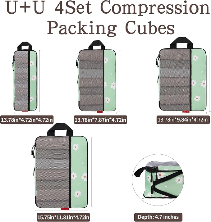 U+U 4 Set Compression Packing Cubes - Ultralight Travel Organizers, Space-Saving Suitcase Organizer, Expandable Packing Cubes for Travel, Business Trip and Family Vacation (Daisy) - Image 3