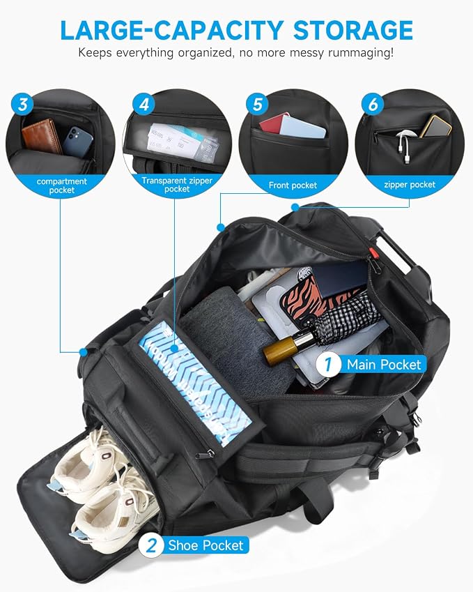 Foldable 90L Rolling Duffel Bag with Wheels, 4-in-1 Carry Water-resistant Travel Duffle with Shoe Compartment & Quick-Access Pockets, Multi-Purpose Bag for Camping, Hospital, Moving, Weekend Trips - Image 7