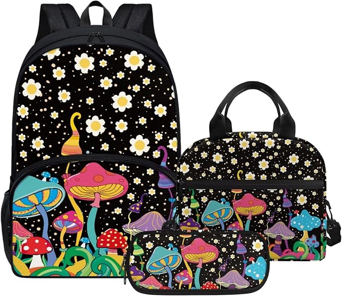 Black Fantastic Mushroom Backpack with Lunch Box and Pencil Case Girls Comfy Padded Cute School Backpack Set of 3 Bookbag for Student Lightweight Large Capacity Daypack by Parprinty