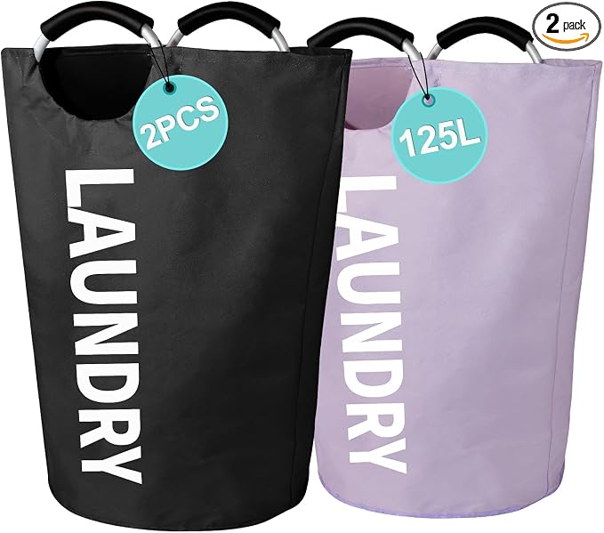 WOOHA 2 Pack 125L XX-Large Laundry Basket, Heavy Duty Laundry Hamper with Padded Aluminum Handles, 600D Oxford Fabric Storage Bag for Comforters, Pillows, Dorm & Bedroom, Black+Purple by WOOHA
