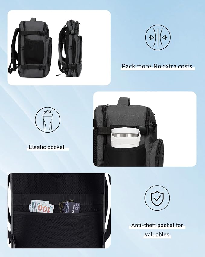 ECOHUB 19" Large Travel Backpack, Carry on Luggage Airline Approved, Water Resistant Rucksacks Fit 15.6" Laptop, AirTag Pocket, Lightweight Casual Daypack, 34L, Dark Grey - Image 3