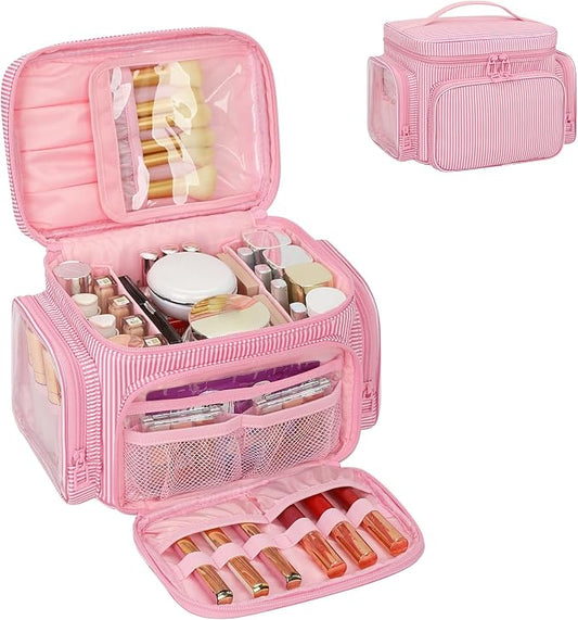 Large Makeup Bag, Portable Travel Makeup Bag Organizer for Women Girls with Makeup Brush Compartment & Two Side Pockets, Cosmetic Travel Bag Vertical Storage Toiletry Bag - Pink Stripe by OrganizeYourMakeup