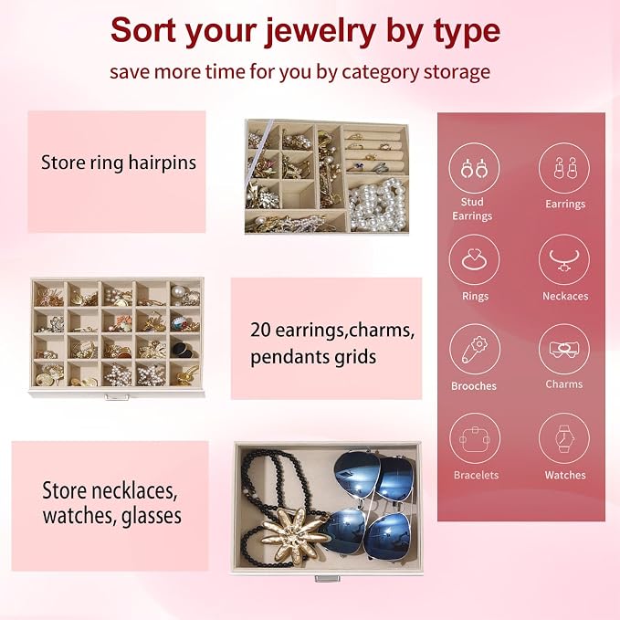 BOOVO Clear Lid Jewelry Box,3 Layers Jewelry Organizer Large Jewelry Storage Box with 2 Drawers,Jewelry Holder Organzier of Rings Earrings Necklace Bracelets for Women (White, 3 Layer) - Image 5