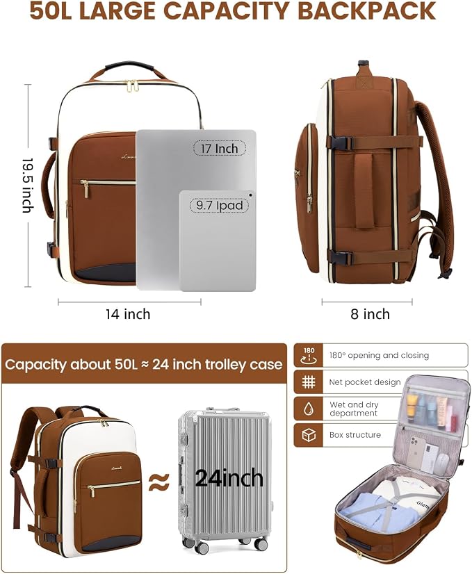 LOVEVOOK 50L Travel Backpack for Women & Men, Airline Approved Carry On Luggage with 3 Packing Cubes, TSA Overnight Bags, Waterproof Personal Item Bag, Weekender Essentials Backpacks fits 17" Laptop - Image 3