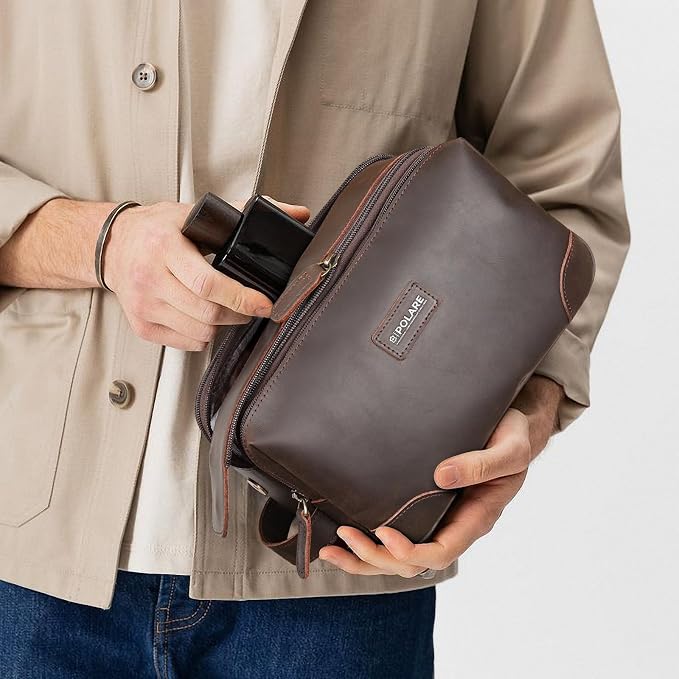 Polare Full Grain Leather Travel Toiletry Bag Dopp Kit Large Cosmetic Travel Case Shaving Kit Wash with YKK Zippers - Image 6