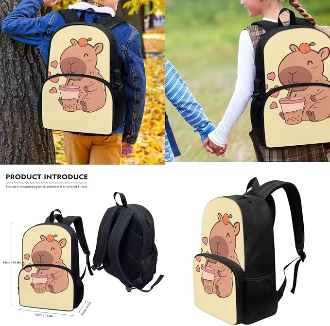 4 Pack Capybara Backpack Cartoon Capybara Schoolbag Sets with Lunch Box Pencil Case Water Holder Sleeve for Boys Girls 7-12,Lightweight Casual Daypack Outdoor Travel Shoulder Ruckpack - Image 3