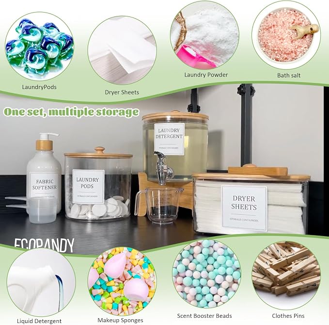 Laundry Room Organization Set 12, Laundry Pods Container & Dryer Sheet Holder with Lids & Labels, Liquid Laundry Detergent Dispenser, Fabric Softener Dispenser for Detergent Powder Dryer Balls Beads - Image 3