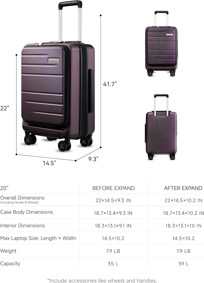 LUGGEX Carry On Luggage Front Opening 22x14x9 Airline Approved, Expandable Polycarbonate Suitcase with Front Pocket (Purple, 20 Inch) - Image 9