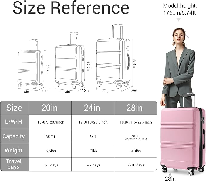 Kono 3 Piece Luggage Sets Expandable(only 28") with Spinner Wheels TSA Lock | Lightweight PC+ABS Hardside Travel Rolling Suitcases Sets 20in 24in 28in Carry on Pink - Image 3