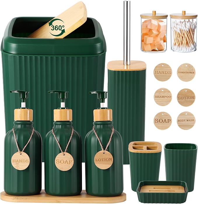 XLHOMO Bathroom Set 17PCS Bathroom Accessories with Trash Can 3PCS Lotion Soap Dispenser,Bathroom Accessories Set Green Bathroom Sets for Bathroom Decor by BetterbathroomwithXLHOME