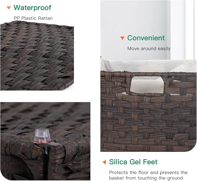 Paylesshere Laundry Basket Handwoven Laundry Hamper 90L/110L Foldable Rattan Hamper With Lid,2 Removable Liner Bags & 6 Laundry Bags,Clothes Hamper Bathroom Laundry Basket,Brown - Image 5