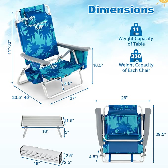 Giantex Folding Beach Chair, Patio Sling Chairs with 5 Adjustable Position, Head Pillow, Storage Bag, Towel Bar, Cup Holders, Backpack Chairs for Sunbathing, Camping Chair - Image 3