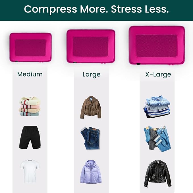 NOBL Travel Compressible Packing Cubes Set, 6 Pieces Travel Packing Organizers, Compression Luggage Cubes for Suitcases & Carry On, Space Saving (XXS, XS, S, M, L, XL) - Hot Pink - Image 3