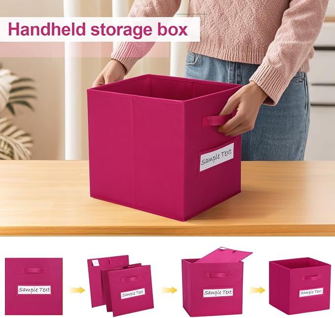 Fabric storage cubes (8 Pack) 11 Inch Cube Storage Bin, cube organizer bins with 8 Labels Window Cards & a Pen, Foldable cube organizer bins and Storage Box, Dark pink - Image 4