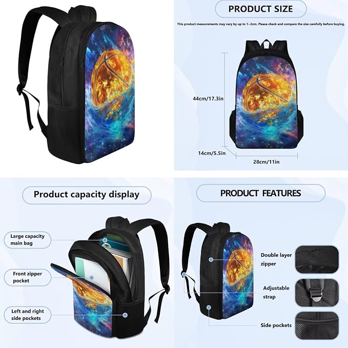 Galaxy Basketball Backpack for Boys Kids Backpack with Lunch Box Water Bottle Carrier with Strap and Pencil Case 4PCS Set Bookbag with Compartments for School Teens Sturdy School Bag for Girls - Image 4