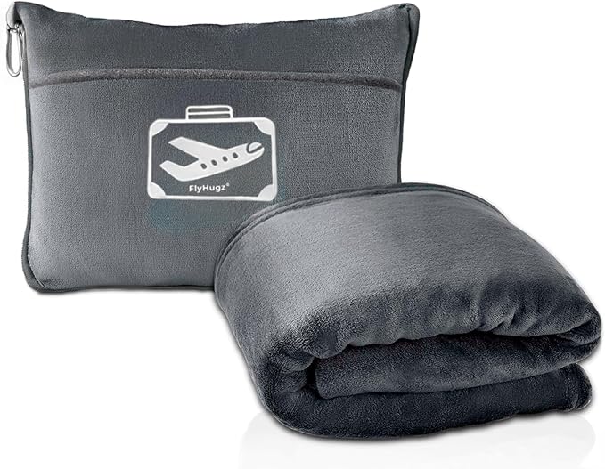 FlyHugz Grey Travel Blanket & Pillow Set (59.1"x47.2") with Carry Case, Luggage Sleeve & Clip – Portable, Lightweight, Breathable & Washable – Perfect for Plane, Car, Camping & Travel by FlyHugz%C2%AE