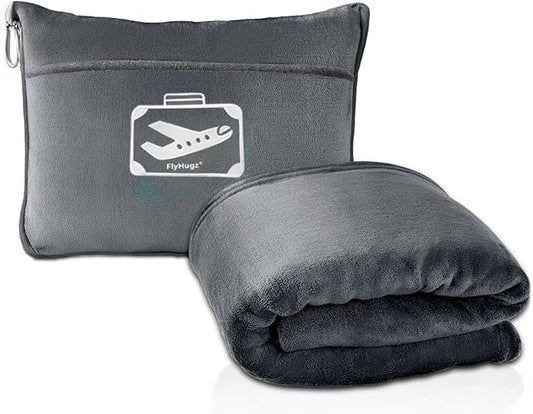 FlyHugz Grey Travel Blanket & Pillow Set (59.1"x47.2") with Carry Case, Luggage Sleeve & Clip – Portable, Lightweight, Breathable & Washable – Perfect for Plane, Car, Camping & Travel by FlyHugz%C2%AE
