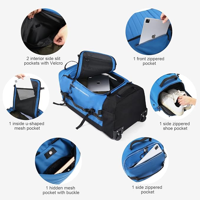 Vomgomfom 86L Foldable Duffle Bag with Wheels - Waterproof Rolling Travel Bag, Collapsible Luggage No Telescopic Handle, for Men Women Camping Sports Weekend Trips，Blue - Image 6