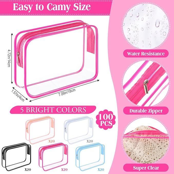 Sanwuta 100 Pcs Clear Makeup Bags Bulk Toiletry Bag for Travel Transparent Cosmetic Bag PVC Waterproof Travel Small Pouches with Zipper for Men and Women (Black,White,Bright Colors) - Image 3
