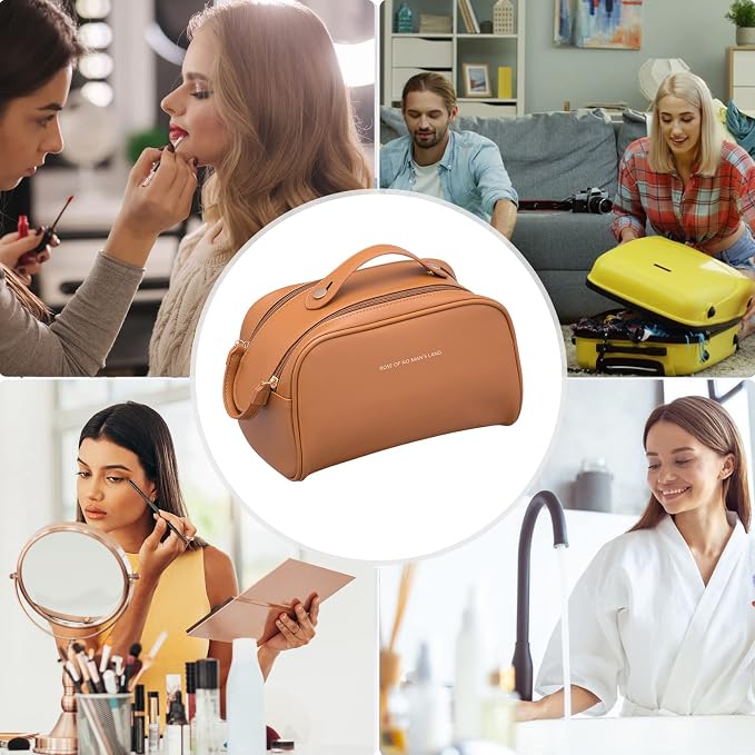 CORIOS Toiletry Bag For Women Portable Make Up Bag Waterproof Wash Bag PU Leather Cosmetic Bag Bathroom Shower Bag Multifunctional Travel Organizer For Shampoo, Cosmetics, Toiletries Brown A - Image 6